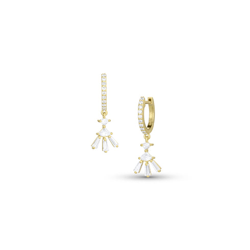 specialty cut diamond petite sunburst drop earring on hinged huggie hoop, <br>in 18k yellow gold, <br>0.70ct